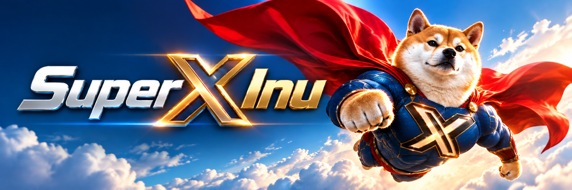 Super X Inu banner — the superhero Shiba flying through the clouds beside the Super X Inu wordmark